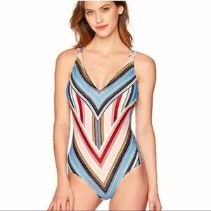 Coastal Blue One Piece Striped Swimsuit Size Med